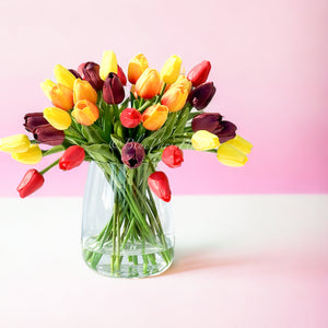 Sunset Embrace - Real Touch 12” Tulips in Glass Vase, Home Decor Faux Flower Arrangement, French Floral Centerpiece Gift/Birthday Home