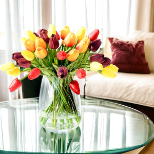 Sunset Embrace - Real Touch 12” Tulips in Glass Vase, Home Decor Faux Flower Arrangement, French Floral Centerpiece Gift/Birthday Home