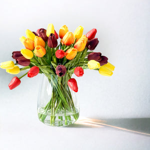 Sunset Embrace - Real Touch 12” Tulips in Glass Vase, Home Decor Faux Flower Arrangement, French Floral Centerpiece Gift/Birthday Home