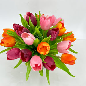 Orange/Pink/Burgundy Real Touch 12” Tulips in Glass Vase, Home Decor Faux Flower Arrangement, French Floral Centerpiece Gift/Birthday Home