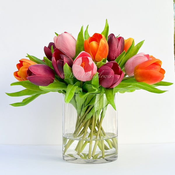 Orange/Pink/Burgundy Real Touch 12” Tulips in Glass Vase, Home Decor Faux Flower Arrangement, French Floral Centerpiece Gift/Birthday Home
