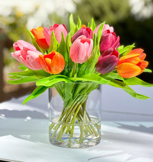 Orange/Pink/Burgundy Real Touch 12” Tulips in Glass Vase, Home Decor Faux Flower Arrangement, French Floral Centerpiece Gift/Birthday Home
