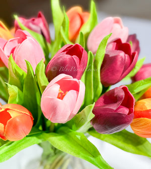 Orange/Pink/Burgundy Real Touch 12” Tulips in Glass Vase, Home Decor Faux Flower Arrangement, French Floral Centerpiece Gift/Birthday Home