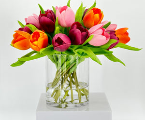 Orange/Pink/Burgundy Real Touch 12” Tulips in Glass Vase, Home Decor Faux Flower Arrangement, French Floral Centerpiece Gift/Birthday Home