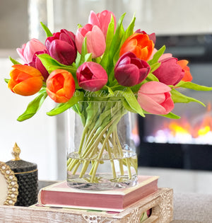 Orange/Pink/Burgundy Real Touch 12” Tulips in Glass Vase, Home Decor Faux Flower Arrangement, French Floral Centerpiece Gift/Birthday Home