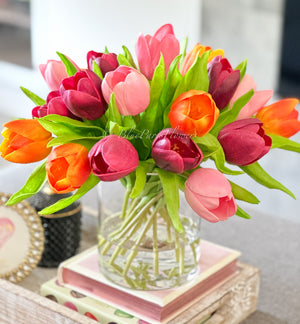 Orange/Pink/Burgundy Real Touch 12” Tulips in Glass Vase, Home Decor Faux Flower Arrangement, French Floral Centerpiece Gift/Birthday Home