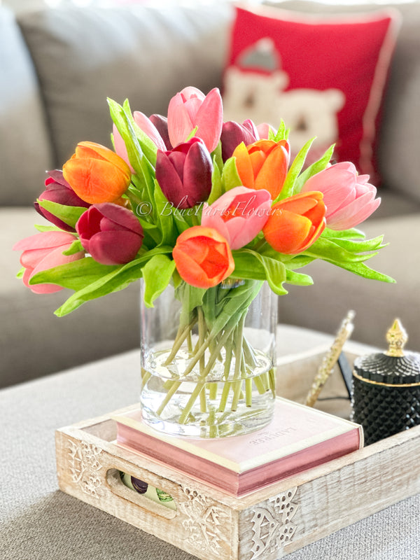 Orange/Pink/Burgundy Real Touch 12” Tulips in Glass Vase, Home Decor Faux Flower Arrangement, French Floral Centerpiece Gift/Birthday Home