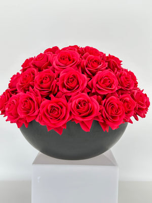 55 Real Touch Red Roses Arrangement in Vase French Country Artificial Flowers Faux Floral Home Decor Realistic Floral Arrangement Black Vase
