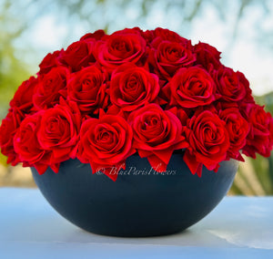 55 Real Touch Red Roses Arrangement in Vase French Country Artificial Flowers Faux Floral Home Decor Realistic Floral Arrangement Black Vase