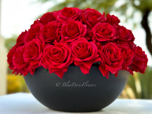 55 Real Touch Red Roses Arrangement in Vase French Country Artificial Flowers Faux Floral Home Decor Realistic Floral Arrangement Black Vase