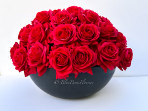 55 Real Touch Red Roses Arrangement in Vase French Country Artificial Flowers Faux Floral Home Decor Realistic Floral Arrangement Black Vase