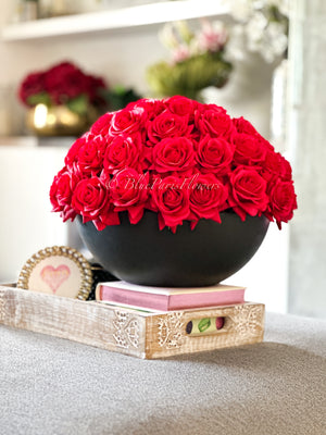 55 Real Touch Red Roses Arrangement in Vase French Country Artificial Flowers Faux Floral Home Decor Realistic Floral Arrangement Black Vase