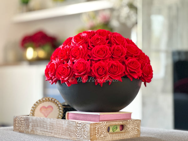55 Real Touch Red Roses Arrangement in Vase French Country Artificial Flowers Faux Floral Home Decor Realistic Floral Arrangement Black Vase