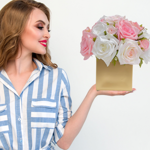 Real Touch Roses in Gold Vase, Faux Flowers, Floral Centerpiece, Gift/Decor, Elegant French Country