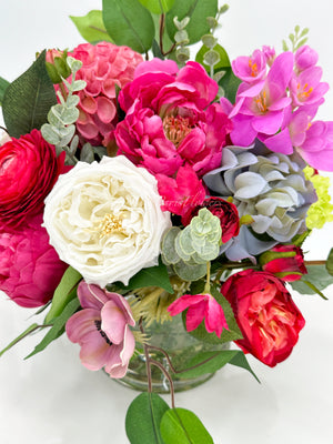 Pink Peonies, Anemone, Rose, Arrangement Artificial Faux Centerpiece, Unique Custom Floral Decor, Silk & Real Touch Flowers Vase Home Decor