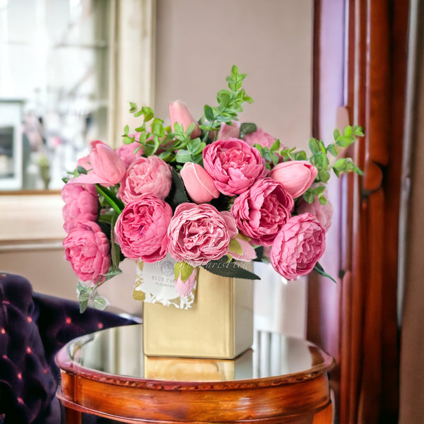 Pink Peony Tulip Arrangement Gold Vase Artificial Faux Table Centerpiece, Faux Florals, Silk Flowers Arrangement with Eucalyptus, Blue Paris