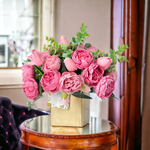 Pink Peony Tulip Arrangement Gold Vase Artificial Faux Table Centerpiece, Faux Florals, Silk Flowers Arrangement with Eucalyptus, Blue Paris