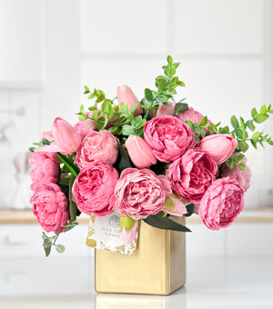 Pink Peony Tulip Arrangement Gold Vase Artificial Faux Table Centerpiece, Faux Florals, Silk Flowers Arrangement with Eucalyptus, Blue Paris