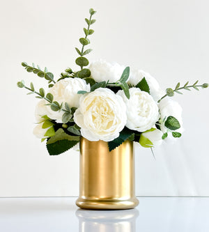 White Peony Arrangement Gold Vase, Artificial Faux Table Centerpiece, Faux Florals, Silk Flowers Arrangement with Eucalyptus, Blue Paris