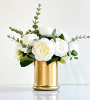 White Peony Arrangement Gold Vase, Artificial Faux Table Centerpiece, Faux Florals, Silk Flowers Arrangement with Eucalyptus, Blue Paris