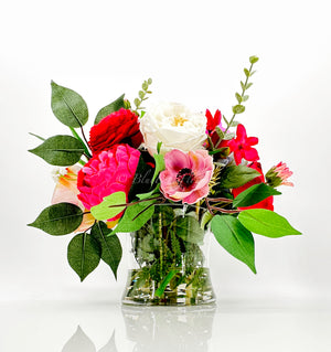 Pink Peonies, Anemone, Rose, Arrangement Artificial Faux Centerpiece, Unique Custom Floral Decor, Silk & Real Touch Flowers Vase Home Decor