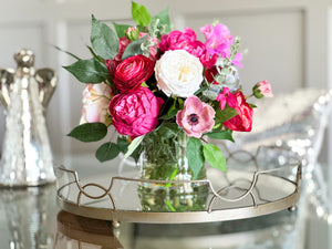 Pink Peonies, Anemone, Rose, Arrangement Artificial Faux Centerpiece, Unique Custom Floral Decor, Silk & Real Touch Flowers Vase Home Decor