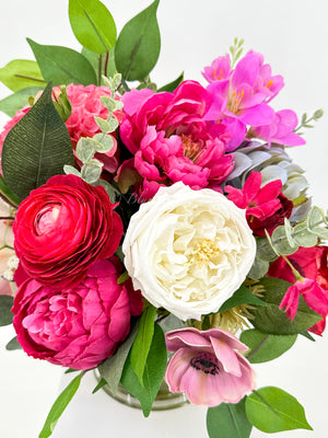 Pink Peonies, Anemone, Rose, Arrangement Artificial Faux Centerpiece, Unique Custom Floral Decor, Silk & Real Touch Flowers Vase Home Decor