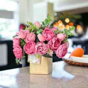 Pink Peony Tulip Arrangement Gold Vase Artificial Faux Table Centerpiece, Faux Florals, Silk Flowers Arrangement with Eucalyptus, Blue Paris