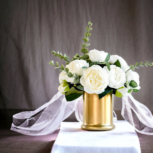 White Peony Arrangement Gold Vase, Artificial Faux Table Centerpiece, Faux Florals, Silk Flowers Arrangement with Eucalyptus, Blue Paris
