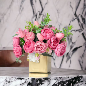 Pink Peony Tulip Arrangement Gold Vase Artificial Faux Table Centerpiece, Faux Florals, Silk Flowers Arrangement with Eucalyptus, Blue Paris