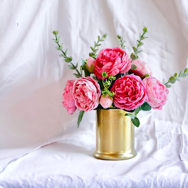 Pink Rose Peony Arrangement Gold Vase, Artificial Faux Table Centerpie –  Blue Paris Flowers