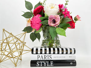 Pink Peonies, Anemone, Rose, Arrangement Artificial Faux Centerpiece, Unique Custom Floral Decor, Silk & Real Touch Flowers Vase Home Decor