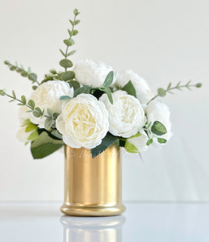 White Peony Arrangement Gold Vase, Artificial Faux Table Centerpiece, Faux Florals, Silk Flowers Arrangement with Eucalyptus, Blue Paris