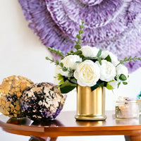 White Peony Arrangement Gold Vase, Artificial Faux Table Centerpiece, Faux Florals, Silk Flowers Arrangement with Eucalyptus, Blue Paris