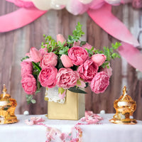 Pink Peony Tulip Arrangement Gold Vase Artificial Faux Table Centerpiece, Faux Florals, Silk Flowers Arrangement with Eucalyptus, Blue Paris