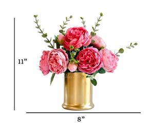 Pink Rose Peony Arrangement Gold Vase, Artificial Faux Table Centerpiece, Faux Florals, Silk Flowers Arrangement with Eucalyptus, Blue Paris