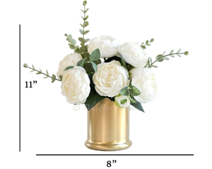 White Peony Arrangement Gold Vase, Artificial Faux Table Centerpiece, Faux Florals, Silk Flowers Arrangement with Eucalyptus, Blue Paris