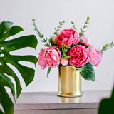 Pink Rose Peony Arrangement Gold Vase, Artificial Faux Table Centerpiece, Faux Florals, Silk Flowers Arrangement with Eucalyptus, Blue Paris