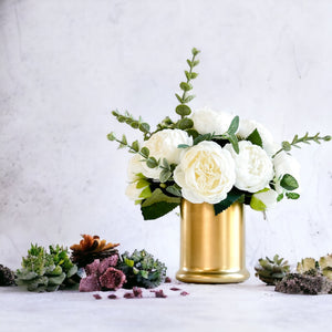White Peony Arrangement Gold Vase, Artificial Faux Table Centerpiece, Faux Florals, Silk Flowers Arrangement with Eucalyptus, Blue Paris