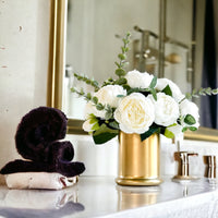 White Peony Arrangement Gold Vase, Artificial Faux Table Centerpiece, Faux Florals, Silk Flowers Arrangement with Eucalyptus, Blue Paris