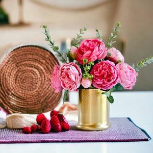 Pink Rose Peony Arrangement Gold Vase, Artificial Faux Table Centerpiece, Faux Florals, Silk Flowers Arrangement with Eucalyptus, Blue Paris
