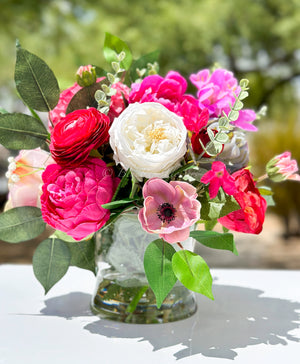 Pink Peonies, Anemone, Rose, Arrangement Artificial Faux Centerpiece, Unique Custom Floral Decor, Silk & Real Touch Flowers Vase Home Decor