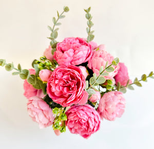 Pink Rose Peony Arrangement Gold Vase, Artificial Faux Table Centerpiece, Faux Florals, Silk Flowers Arrangement with Eucalyptus, Blue Paris