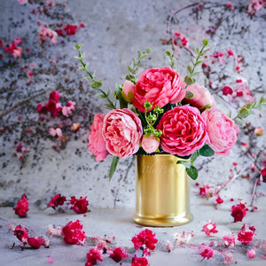 Pink Rose Peony Arrangement Gold Vase, Artificial Faux Table Centerpiece, Faux Florals, Silk Flowers Arrangement with Eucalyptus, Blue Paris