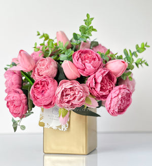 Pink Peony Tulip Arrangement Gold Vase Artificial Faux Table Centerpiece, Faux Florals, Silk Flowers Arrangement with Eucalyptus, Blue Paris
