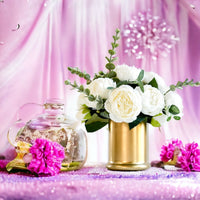 White Peony Arrangement Gold Vase, Artificial Faux Table Centerpiece, Faux Florals, Silk Flowers Arrangement with Eucalyptus, Blue Paris