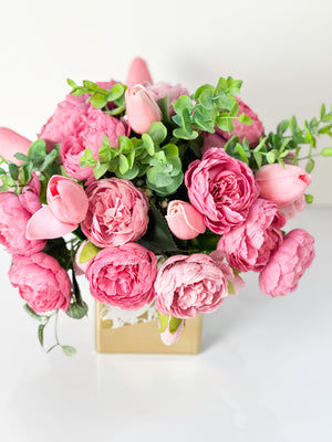 Pink Peony Tulip Arrangement Gold Vase Artificial Faux Table Centerpiece, Faux Florals, Silk Flowers Arrangement with Eucalyptus, Blue Paris