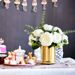 White Peony Arrangement Gold Vase, Artificial Faux Table Centerpiece, Faux Florals, Silk Flowers Arrangement with Eucalyptus, Blue Paris