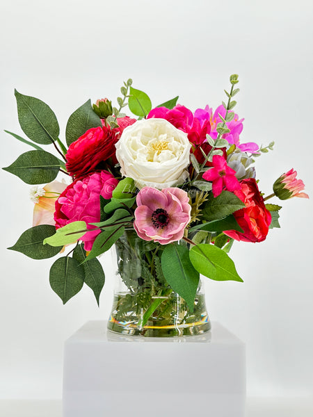 Pink Peonies, Anemone, Rose, Arrangement Artificial Faux Centerpiece, Unique Custom Floral Decor, Silk & Real Touch Flowers Vase Home Decor