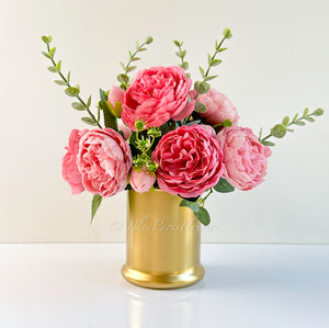Pink Rose Peony Arrangement Gold Vase, Artificial Faux Table Centerpiece, Faux Florals, Silk Flowers Arrangement with Eucalyptus, Blue Paris